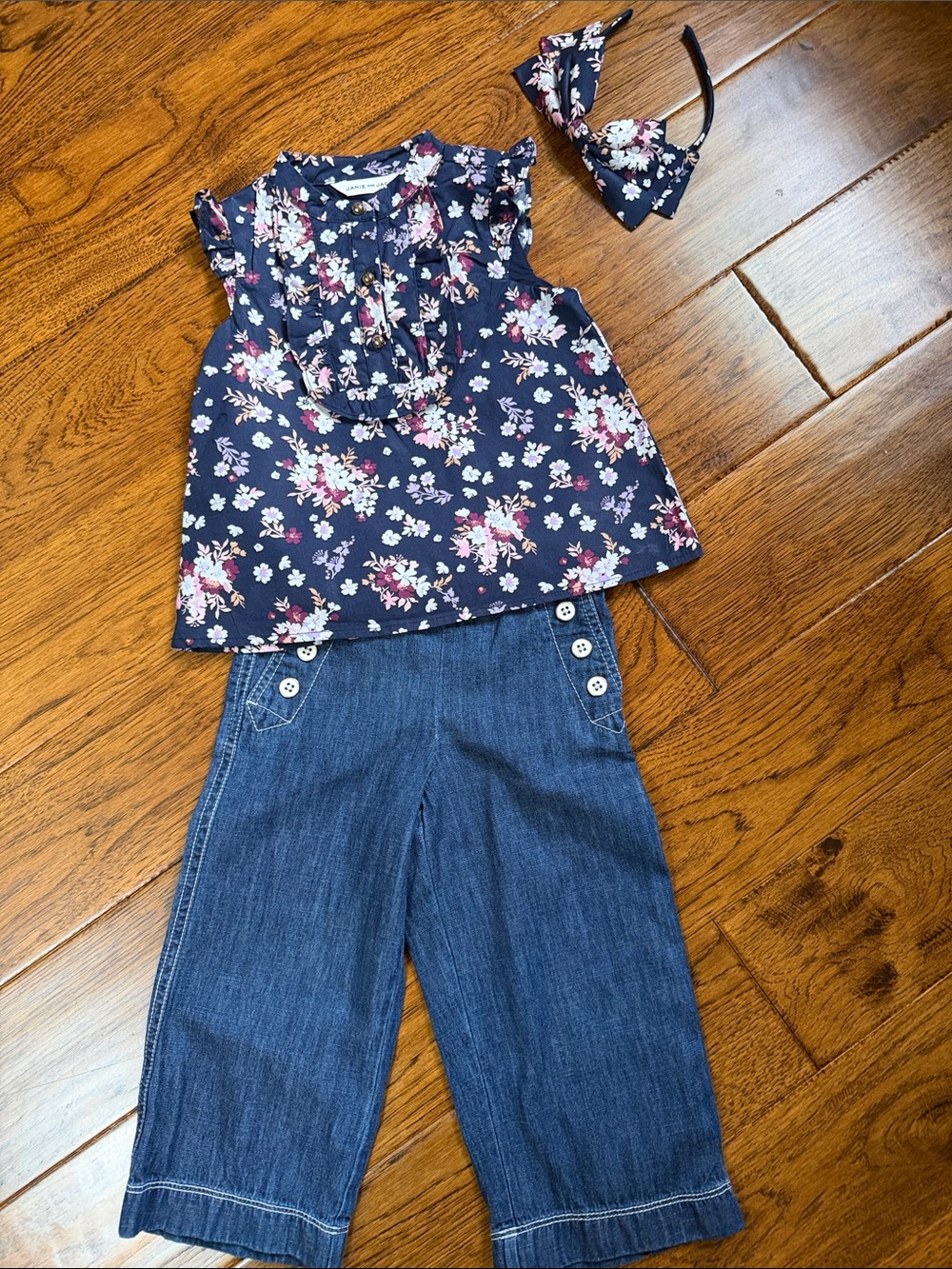 Girls Navy Floral Tank Top and Wide Leg Jeans along with a headband